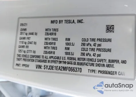 2021 Tesla Model 3 Standard Range Plus Rear-Wheel Drive from USA, damaged, VIN 5YJ3E1EA2MF066370